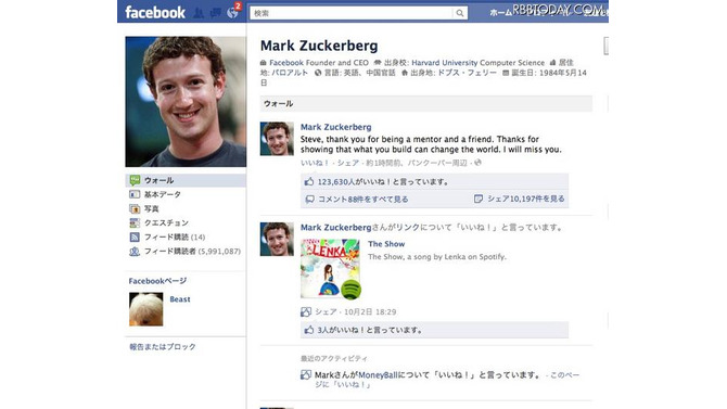 マーク・ザッカーバーグのFacebookページ