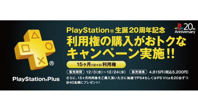 プレイステーション生誕20周年を記念したキャンペーンが12月3日から開催、豪華なプレゼントも！