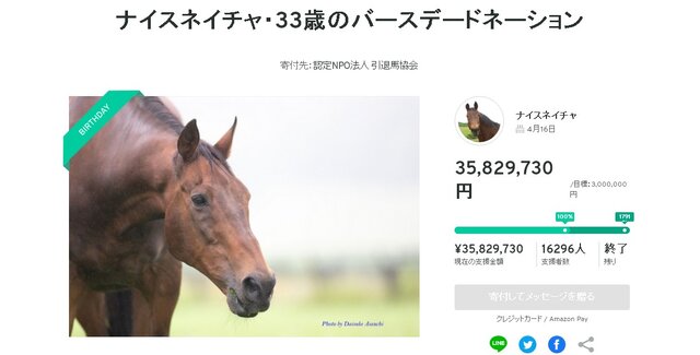 元競走馬「ナイスネイチャ」の誕生日記念支援に3500万円が集う！1万6000人の力で目標額を約12倍上回る