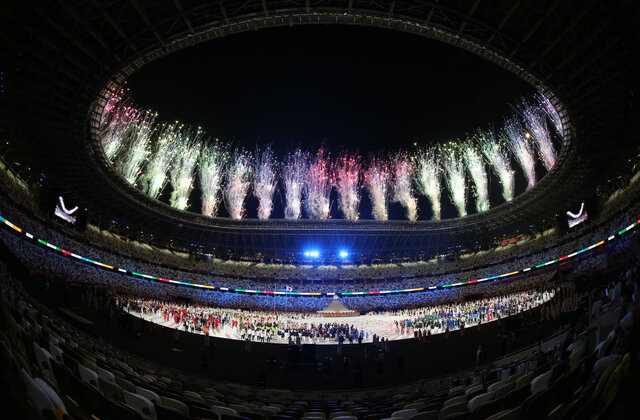 Tokyo 2020 Olympic Games opening ceremonyTOKYO, JAPAN - JULY 23: Artists perform as fireworks explode above the stadium during the opening ceremony of the Tokyo 2020 Olympic Games at the Olympic Stadium in Tokyo, Japan on July 23, 2021. (Photo by Ali Atmaca/Anadolu Agency via Getty Images)