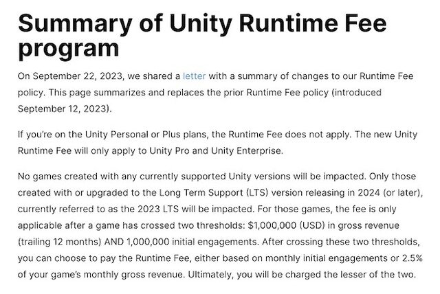 Unity、物議を醸した「Unity Runtime Fee」について謝罪、一部ポリシー撤回へ