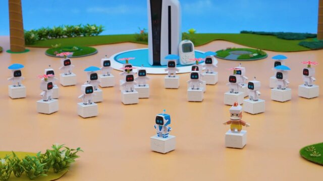 『アストロボット』がロボットトイ「toio」約50台になってダンシング！新年の挨拶を人文字（？）でも表現