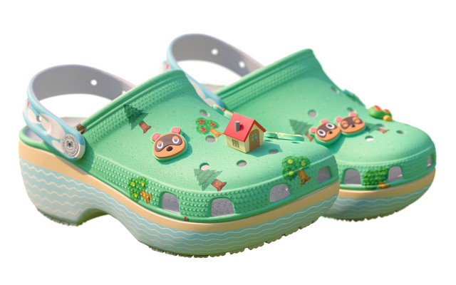 足元が『どうぶつの森』の無人島に！「クロックス」コラボが遊び心満載、取り外し可能なジビッツチャームにはたぬきちやとたけけも