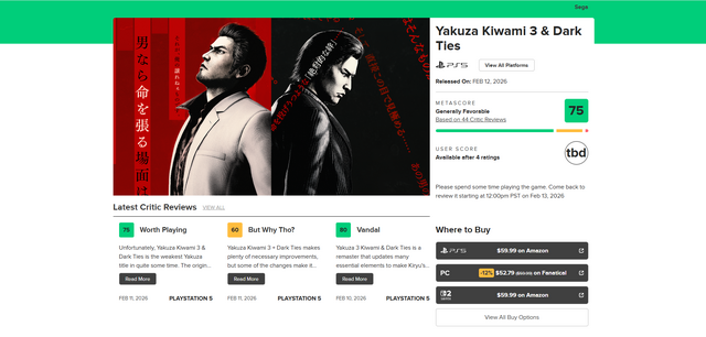 『龍が如く 極３ / ３外伝 Dark Ties』メタスコア75点でスタート。新たなバトル＆峯の描写が高評価