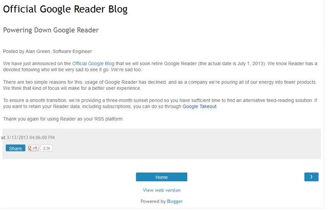 「Official Google Reader Blog」での発表