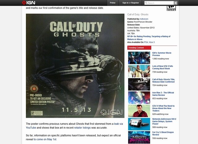 『Call of Duty: Ghosts』が正式発表！ ワールドプレミアは5月21日に