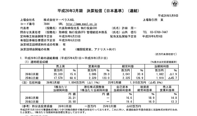 平成26年3月期決算スクリーンショット