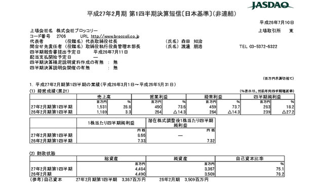 「ブロッコリー平成27年2月期第1四半期決算」スクリーンショット