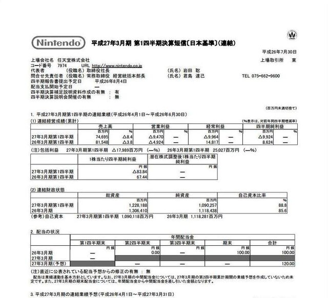 任天堂、平成27年3月期第1四半期決算を発表 ─ 『マリオカート8』を出すも、売上8.4%減で99億円の赤字に