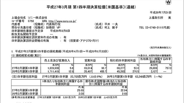 ソニー、平成27年3月期第1四半期決算を発表 ―PS4の貢献で、ゲーム分野は売上2,575億円に