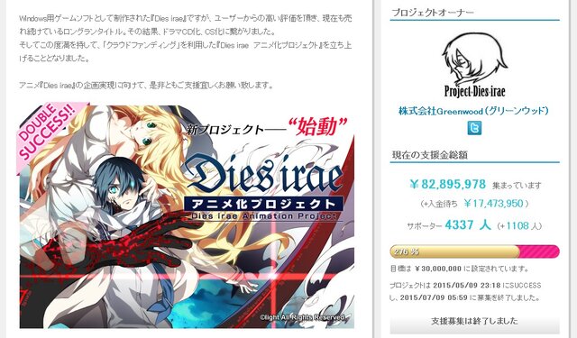 『Dies irae』アニメ化に向けたクラウドファンディング終了…入金待ち込みで1億超えに