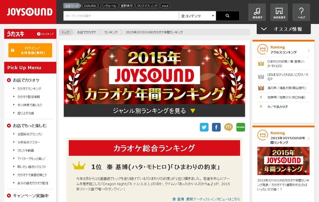 JOYSOUND「2015年カラオケ年間ランキング」発表、上位に「千本桜」「君の知らない物語」「ライオン」など