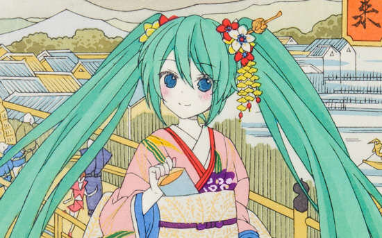 初音ミクが浮世絵木版画に！ 1mm未満の線画も表現…使用木版は21版、摺重ねは計45回