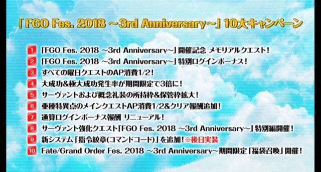 『FGO』クラス別「福袋召喚」&新システム「指令紋章（コマンドコード）」が発表！10大キャンペーンまとめ【FGOフェス2018】